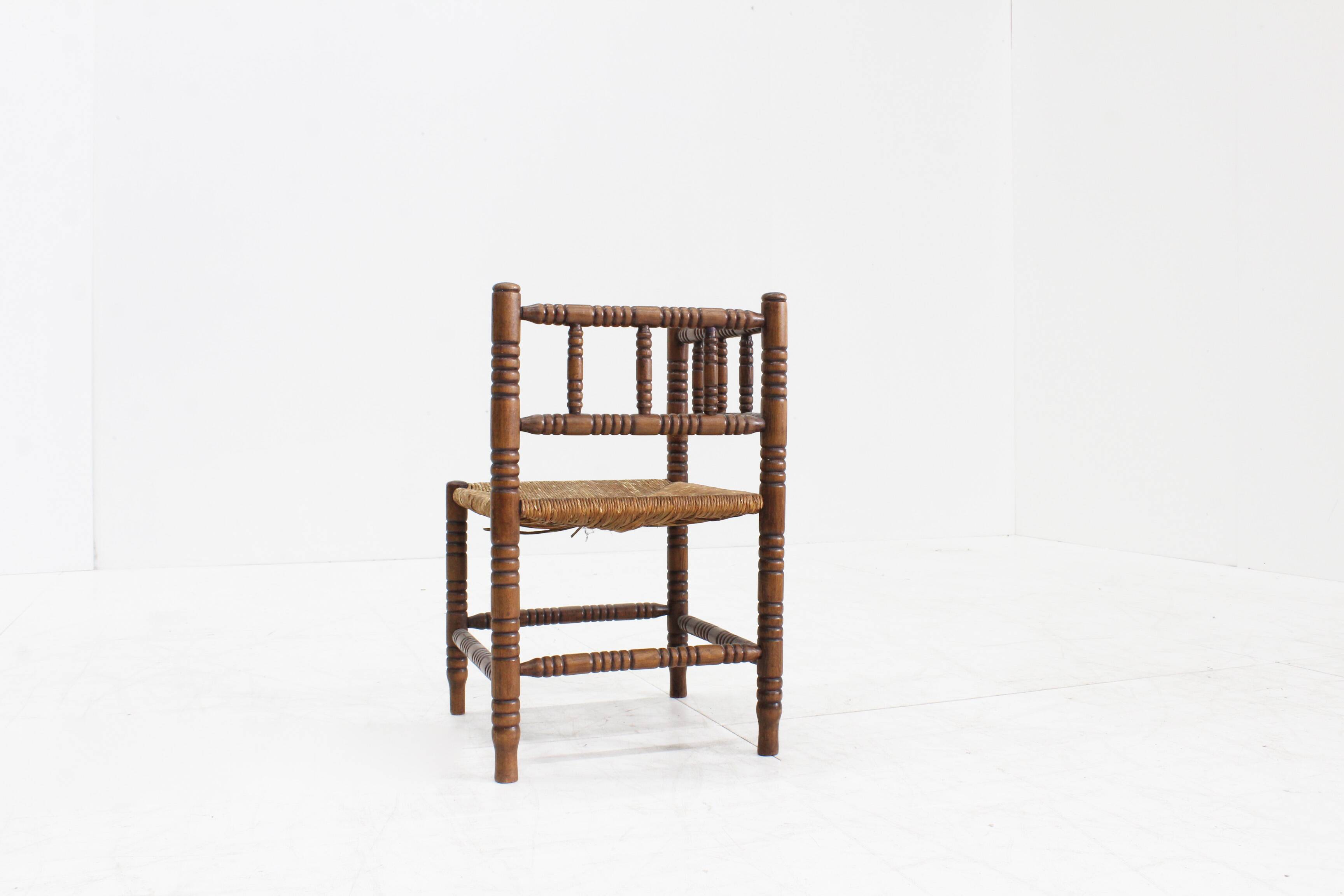 Vintage Bobbin bench with rush seat 1920s