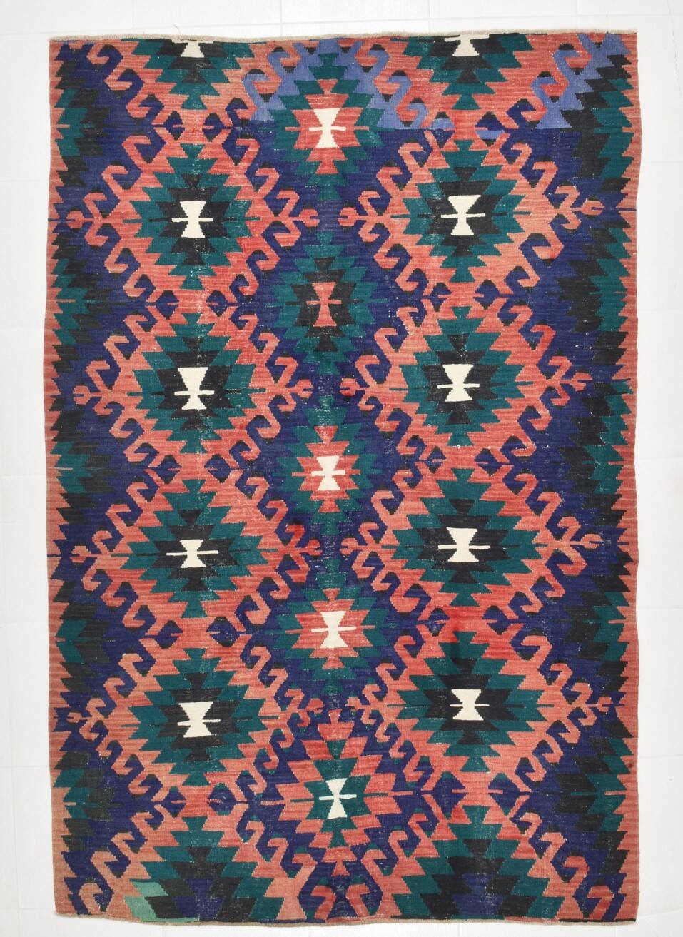 5x8 Blue & Red Geometric Style Vintage Kilim Rug, 158x238Cm