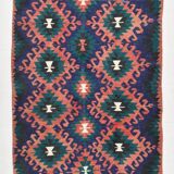 5x8 Blue & Red Geometric Style Vintage Kilim Rug, 158x238Cm