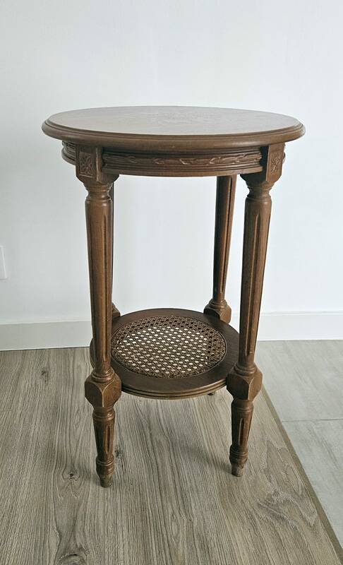 Antique marquetry side table in wood and cane.