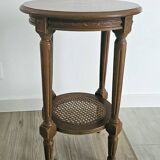 Antique marquetry side table in wood and cane.