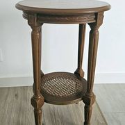 Antique marquetry side table in wood and cane.