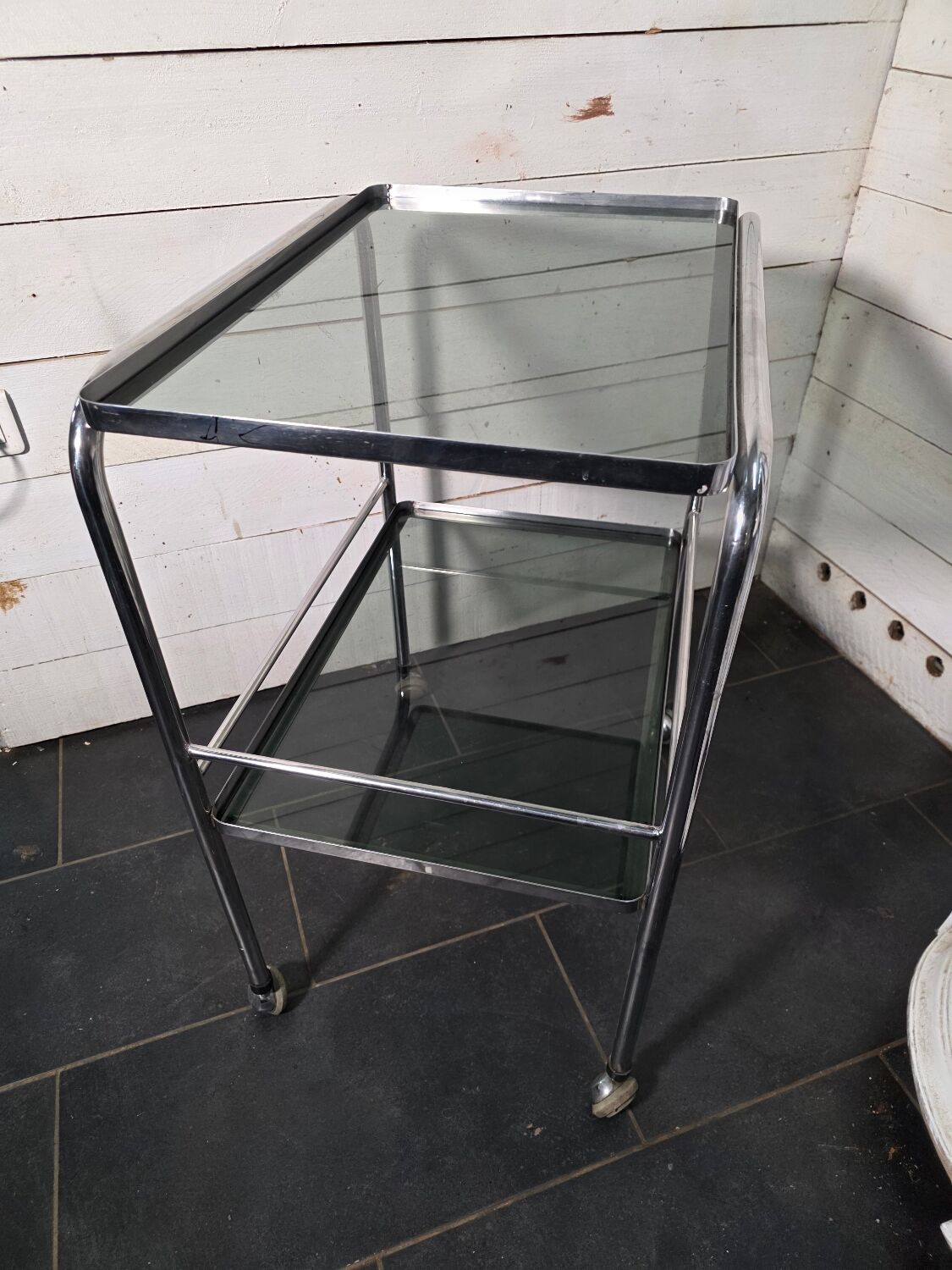 Vintage chrome metal dessert trolley with smoked glass from the 1970s.