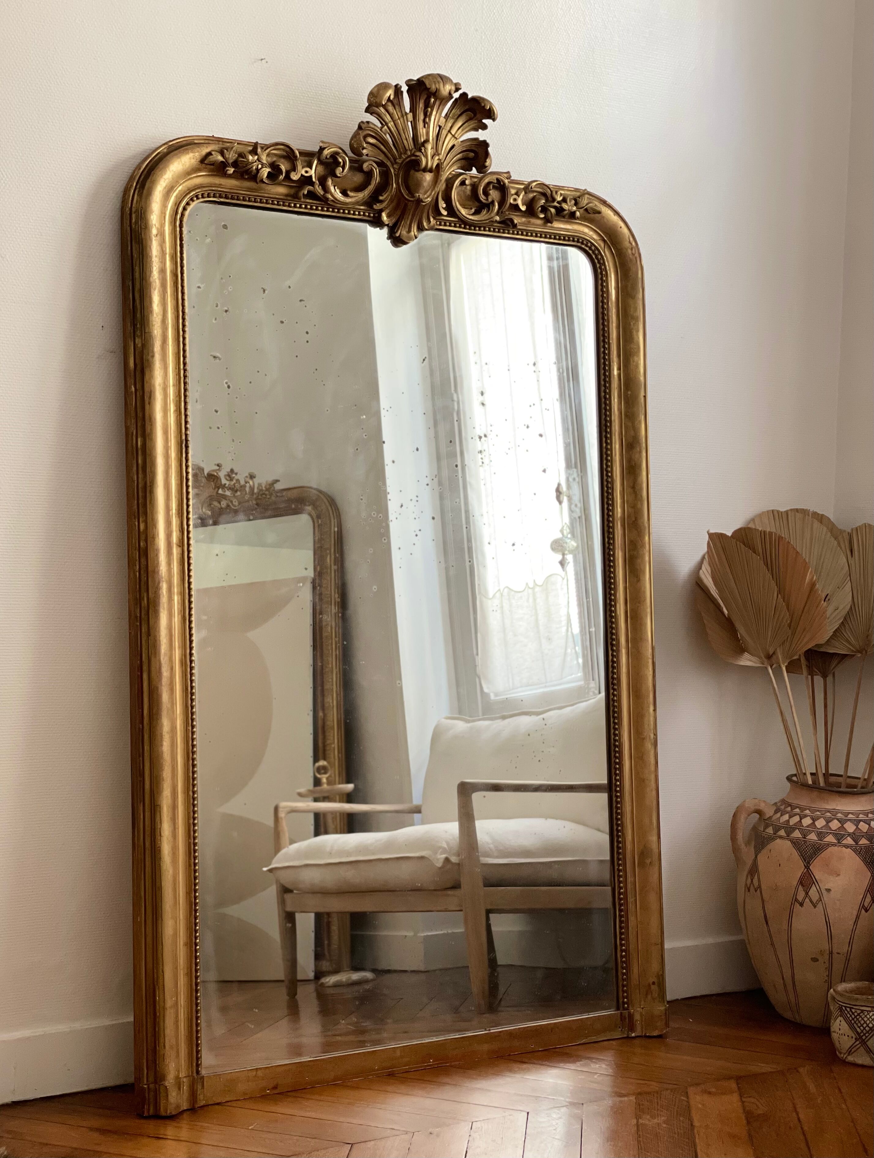 Old mirror louis Philippe Dore gold leaf pediment gilded fireplace