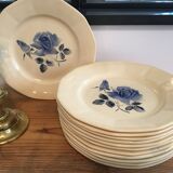 Set of 12 Digoin flat plates pattern blue roses