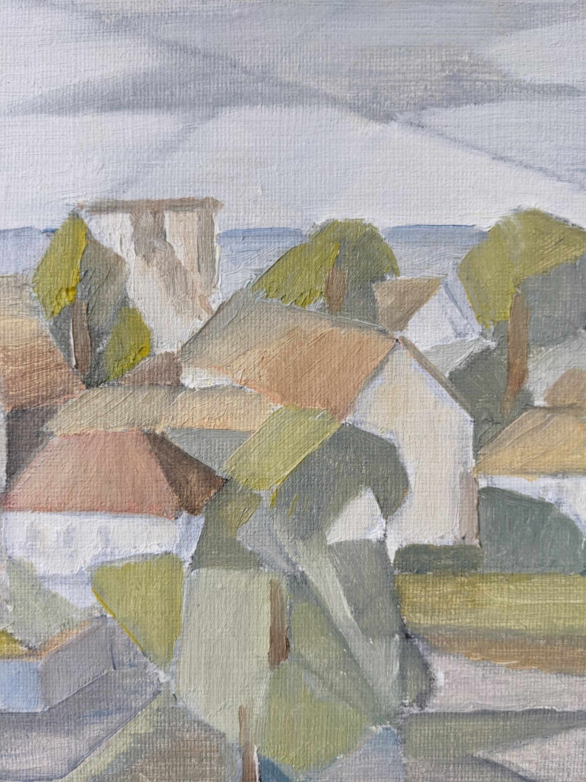 Framed Modernist Swedish Oil Painting "Cubist Coastal Town"