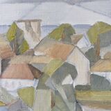 Framed Modernist Swedish Oil Painting "Cubist Coastal Town"