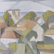 Framed Modernist Swedish Oil Painting "Cubist Coastal Town"
