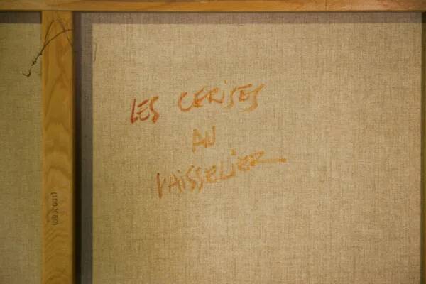 Tableau huile sur toile nature morte post-impressionniste Les cerises au vaisselier de L. Thuillier 2001