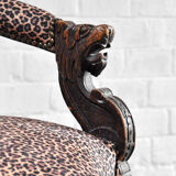 Antique renaissance style 19th century carved oak tub chairs with leopard print upholstery, set of 2