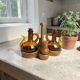 Vintage oil and vinegar server, Biot, olive wood, 20th century.