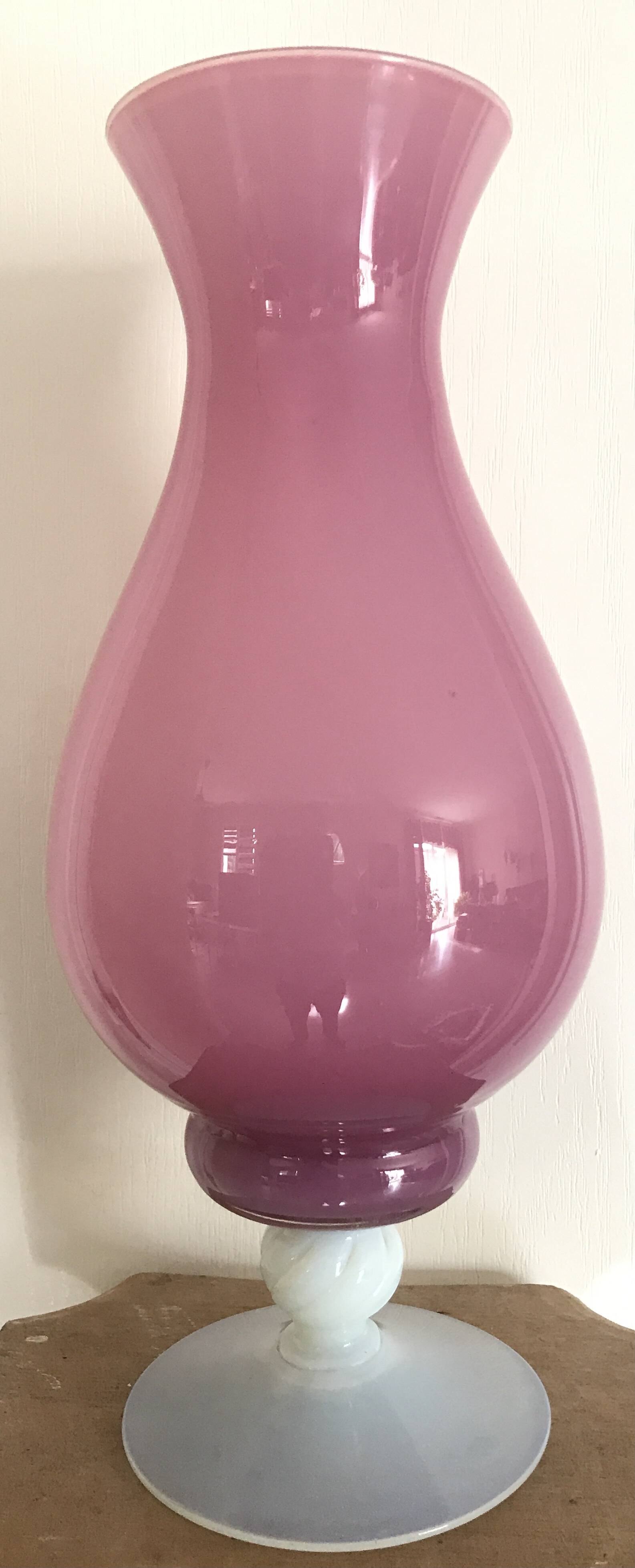 Vintage vase in pink opaline on white foot 36.8 cm