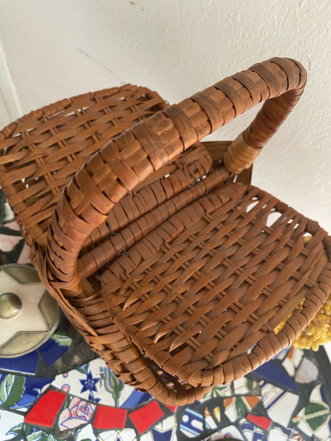 Brown woven vintage wicker basket with 2 lids.