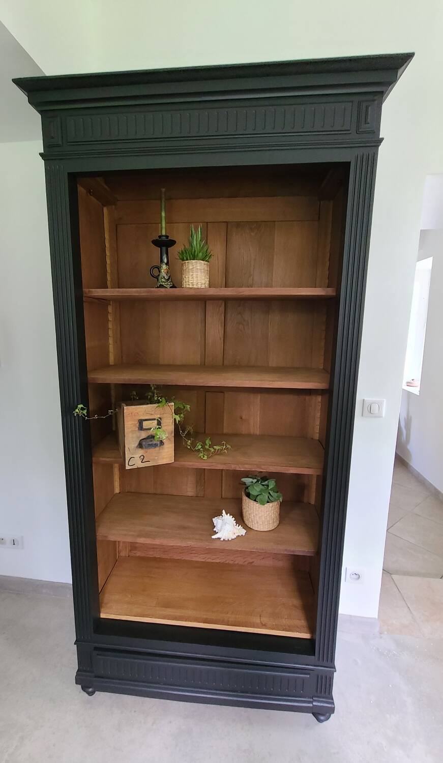 Old black oak bookcase drawer storage unit dresser shelf cabinet of curiosities