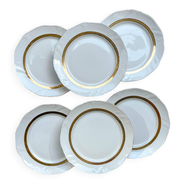 6 assiettes plates vintage en porcelaine blanche et dorée Limoge France ADP ''Ariane'' – Vaisselle ancienne française élégante