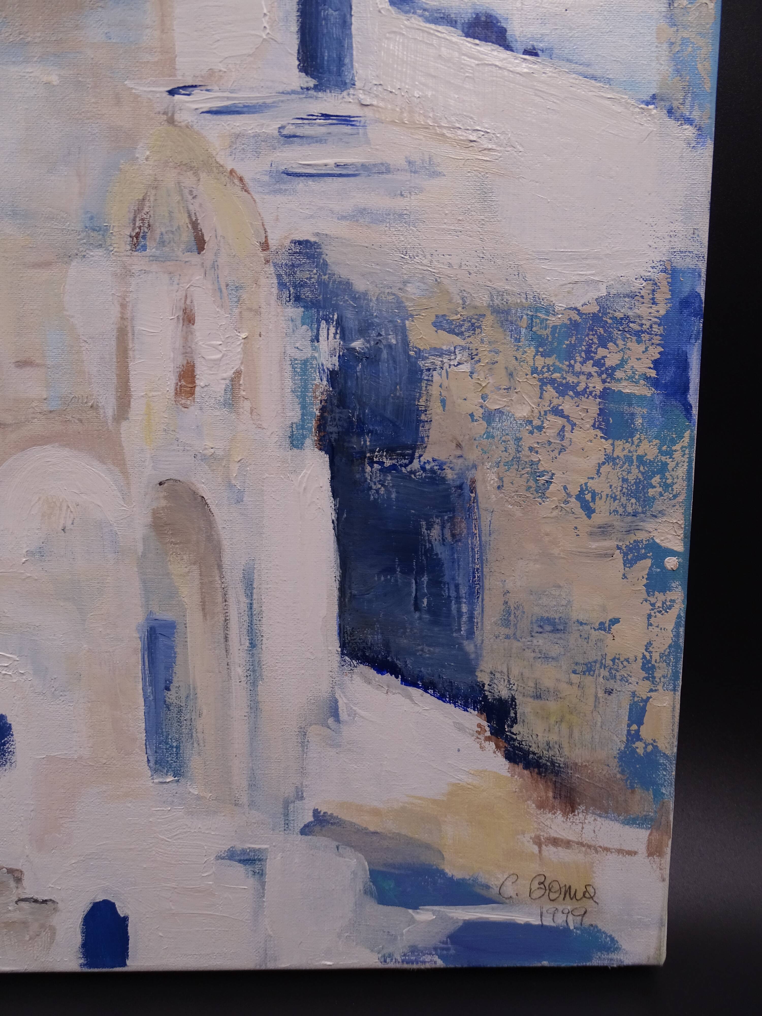 The Greek village - Pastel blue and ochre tones - Signed dated