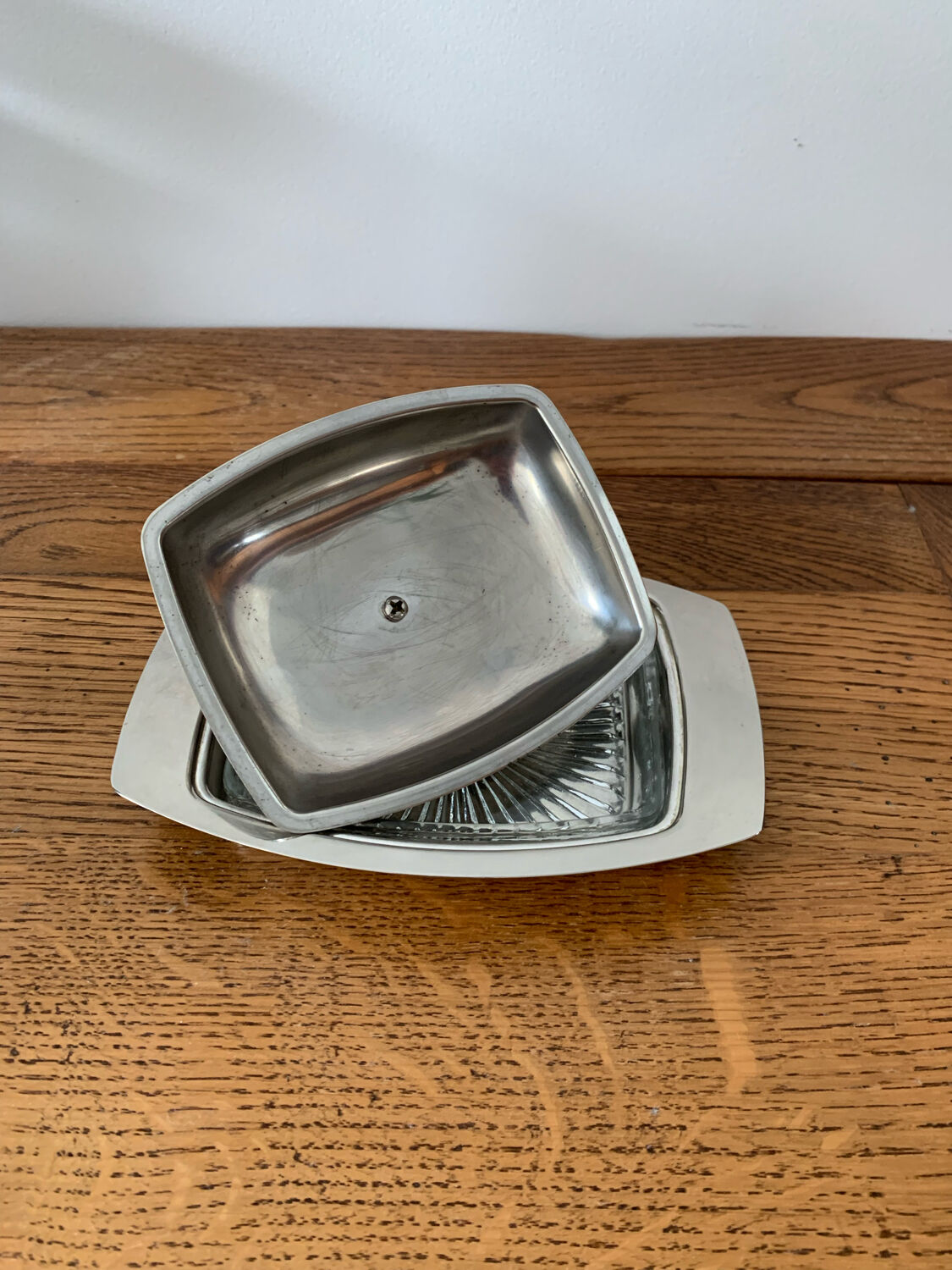 Silver metal butter dish