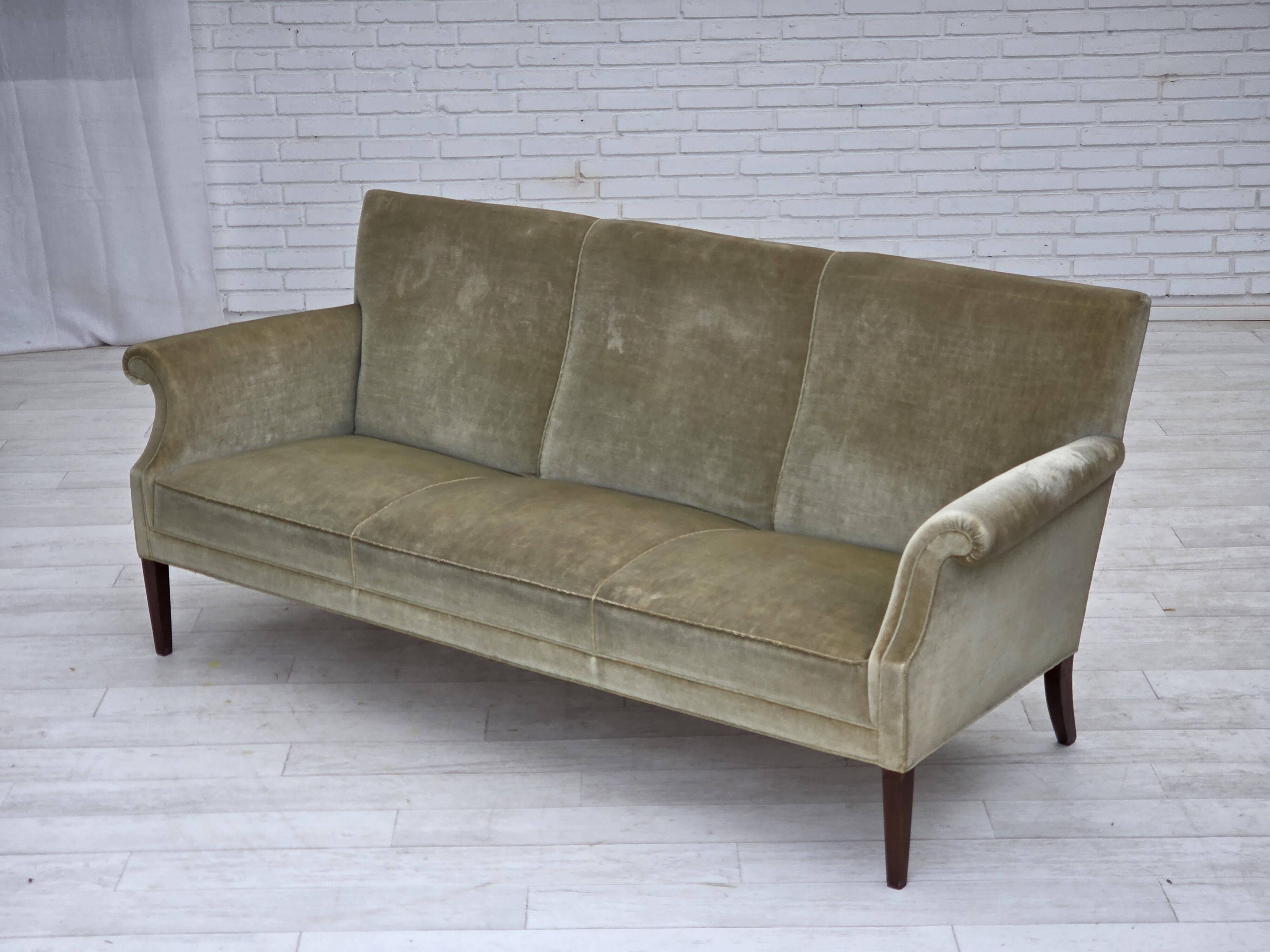 1960s, Danish 3-seater sofa, light green furniture velour.