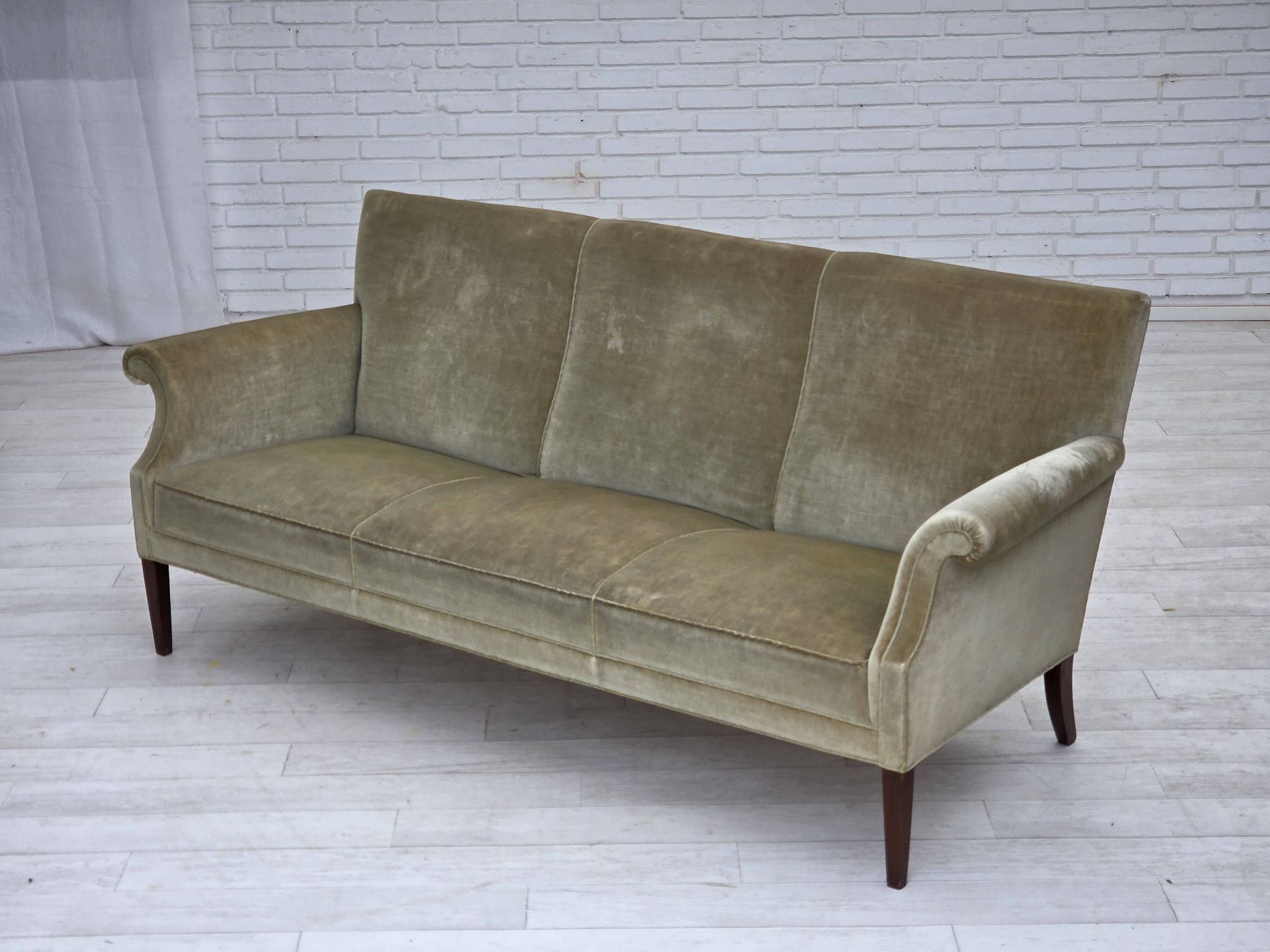 1960s, Danish 3-seater sofa, light green furniture velour.