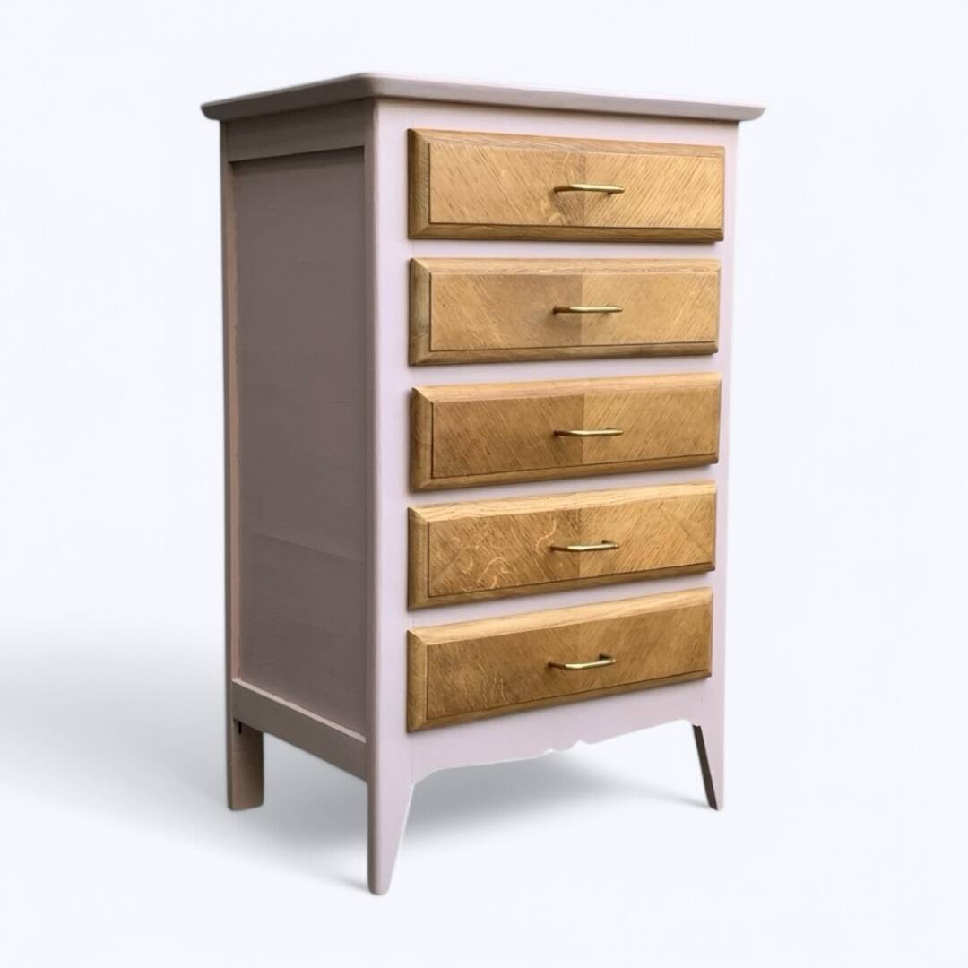 Vintage powder pink compass leg chest of drawers from the 1950s