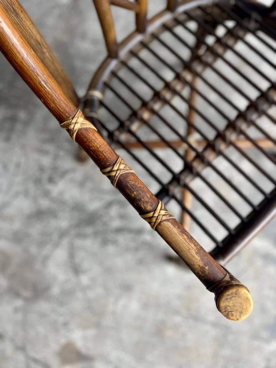 Rare McGuire 1970s dark brown rattan armchairs — set of 6, bamboo bindings, mid-century boho