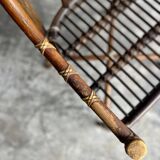 Rare McGuire 1970s dark brown rattan armchairs — set of 6, bamboo bindings, mid-century boho