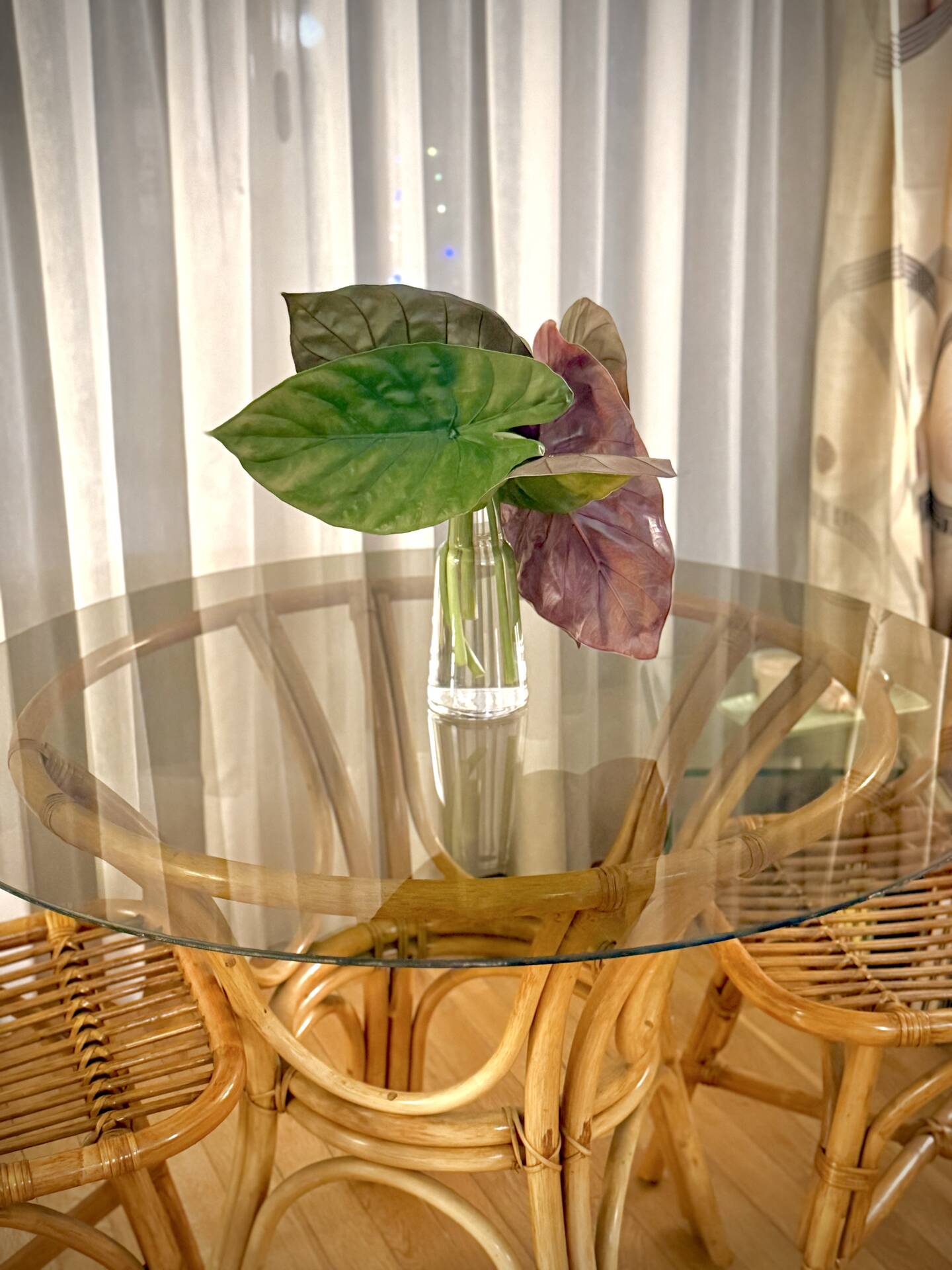 Smoked glass rattan table + chairs