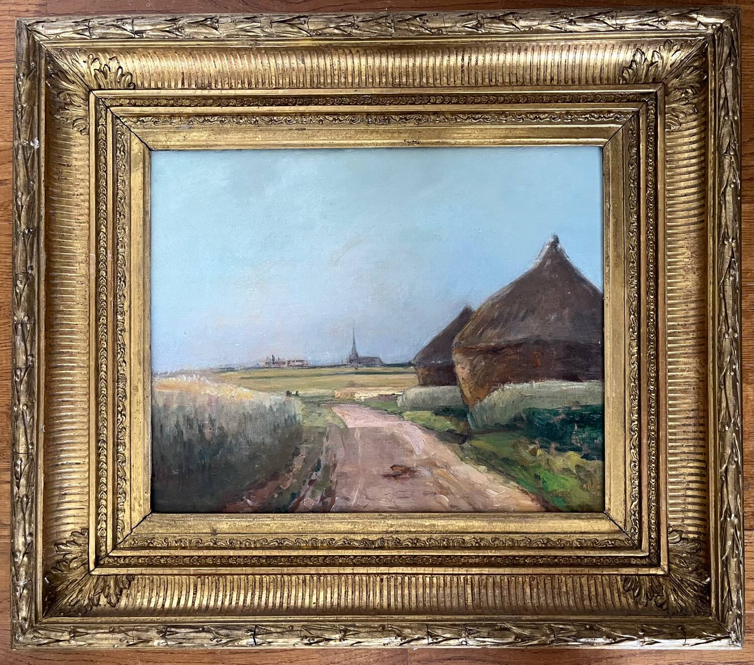 Painting: Oil on panel - landscape with haystacks