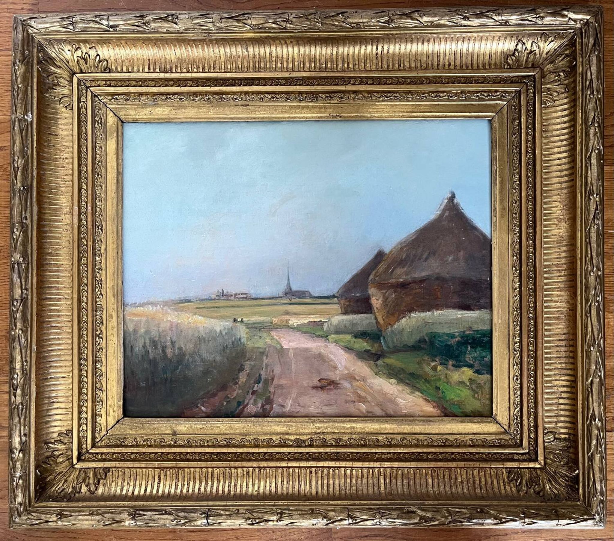 Painting: Oil on panel - landscape with haystacks
