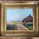 Painting: Oil on panel - landscape with haystacks