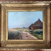 Painting: Oil on panel - landscape with haystacks