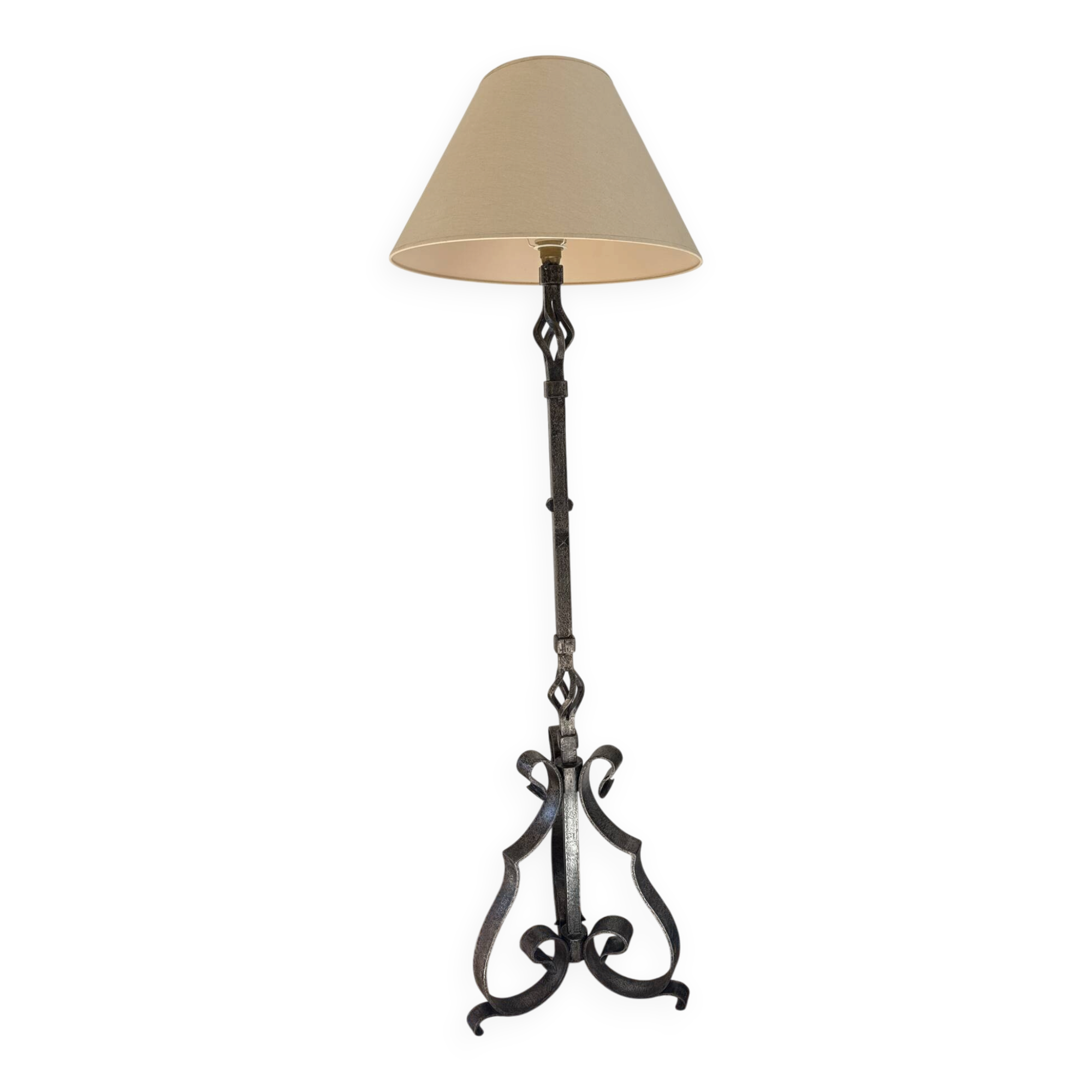 Large hammered wrought iron floor lamp, brutalist style, mid-20th century.