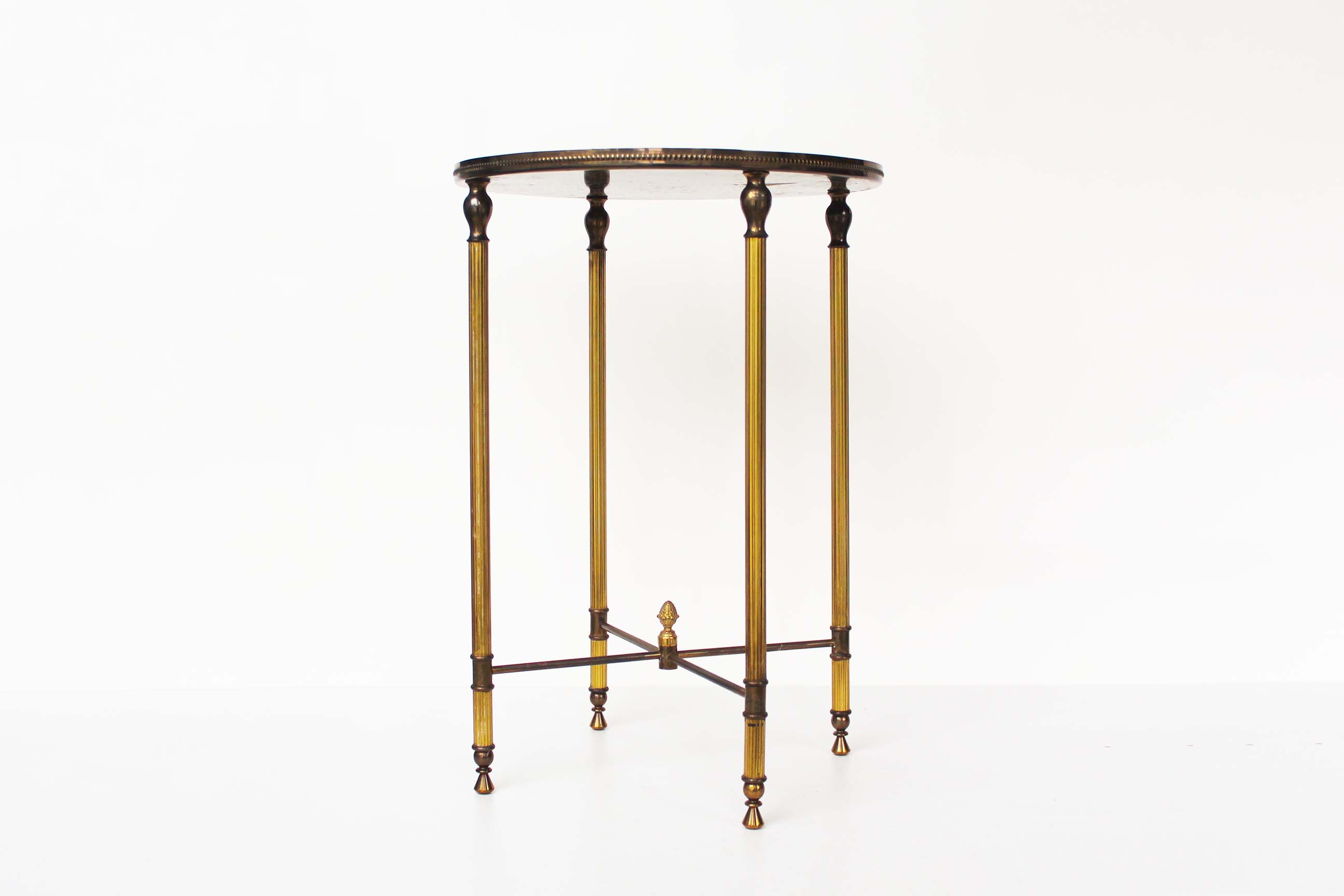 Vintage French round brass and glass side table