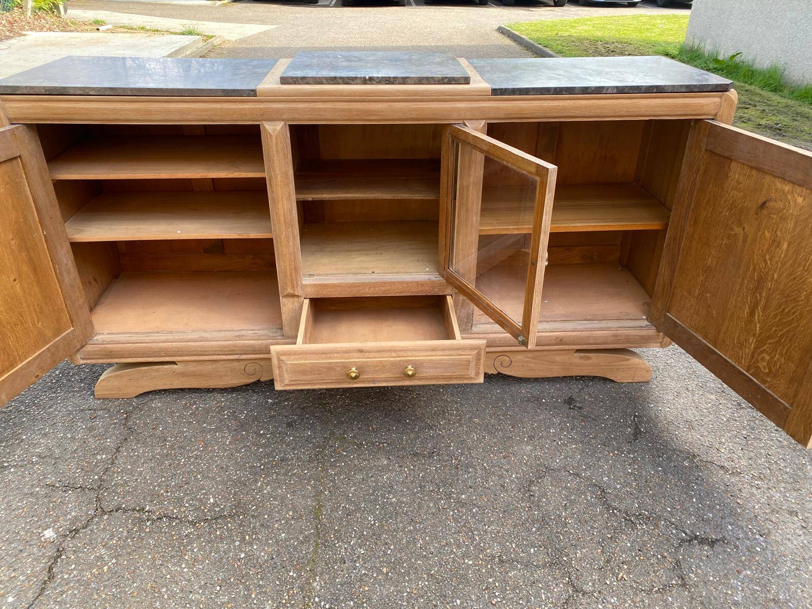 Renovated art deco sideboard in solid raw oak and gray marble 186cm