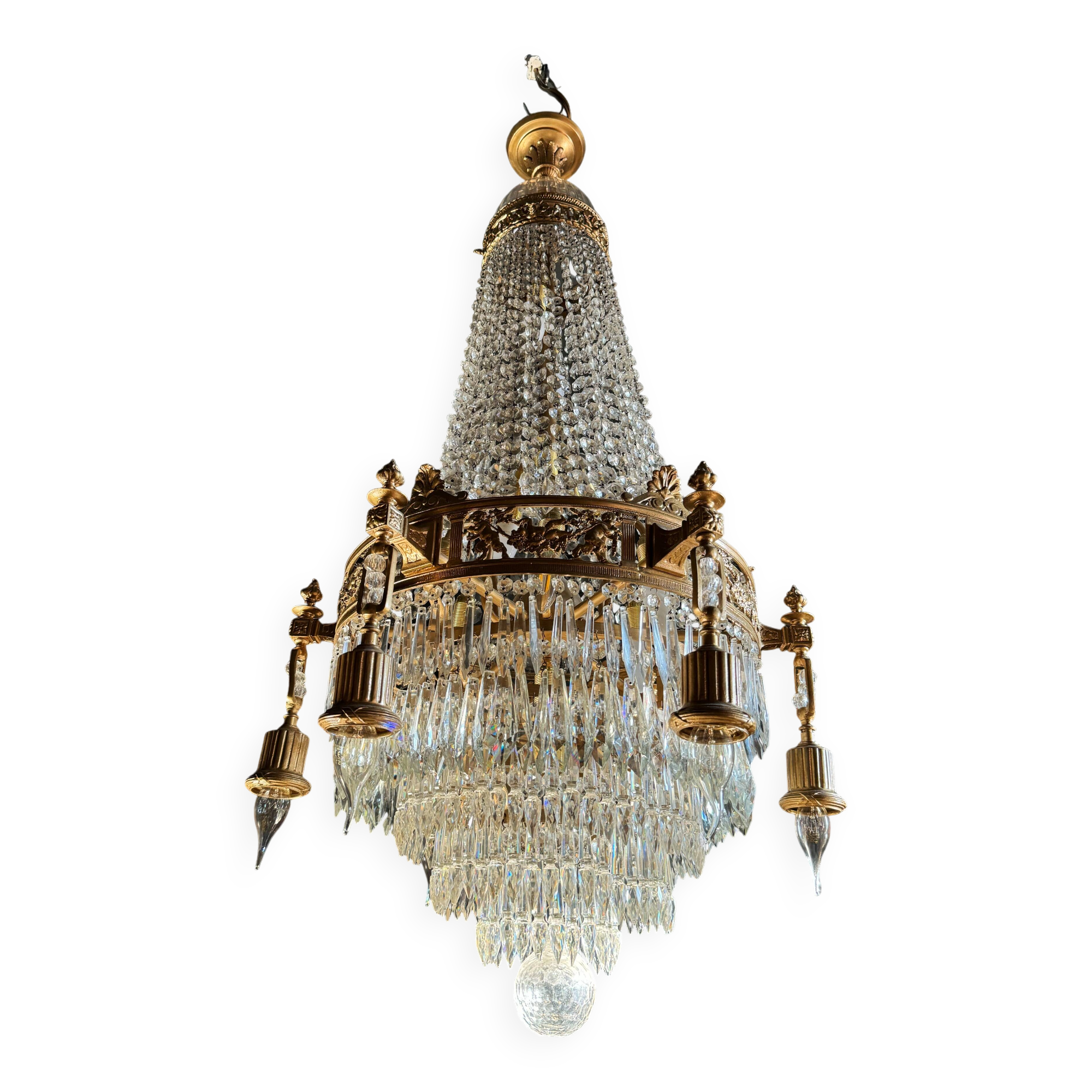 19th Century Louis XVI Style Gilt Bronze Chandelier With Crystal Tassels - H125cm