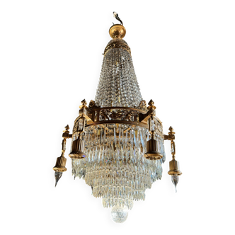 19th Century Louis XVI Style Gilt Bronze Chandelier With Crystal Tassels - H125cm