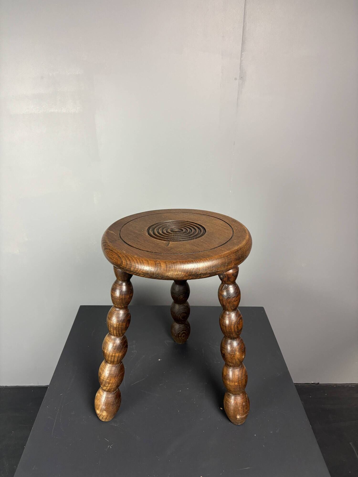Midcentury bobbin wood turned stool, Charles Dudouyt style, France, 1950s