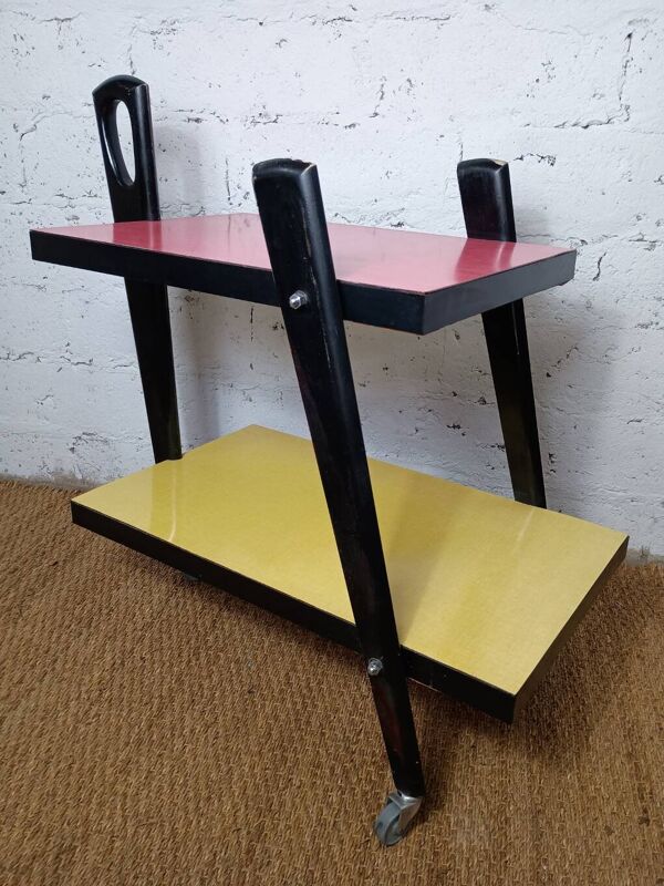 Desserte roulante vintage formica rouge et jaune années 50/60