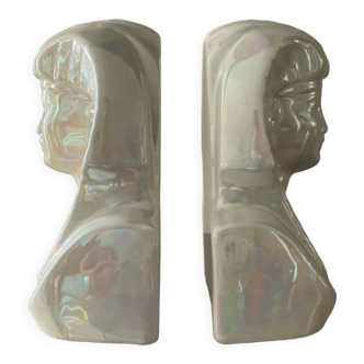 Pair of vintage Pharaoh bookends in iridescent ceramic