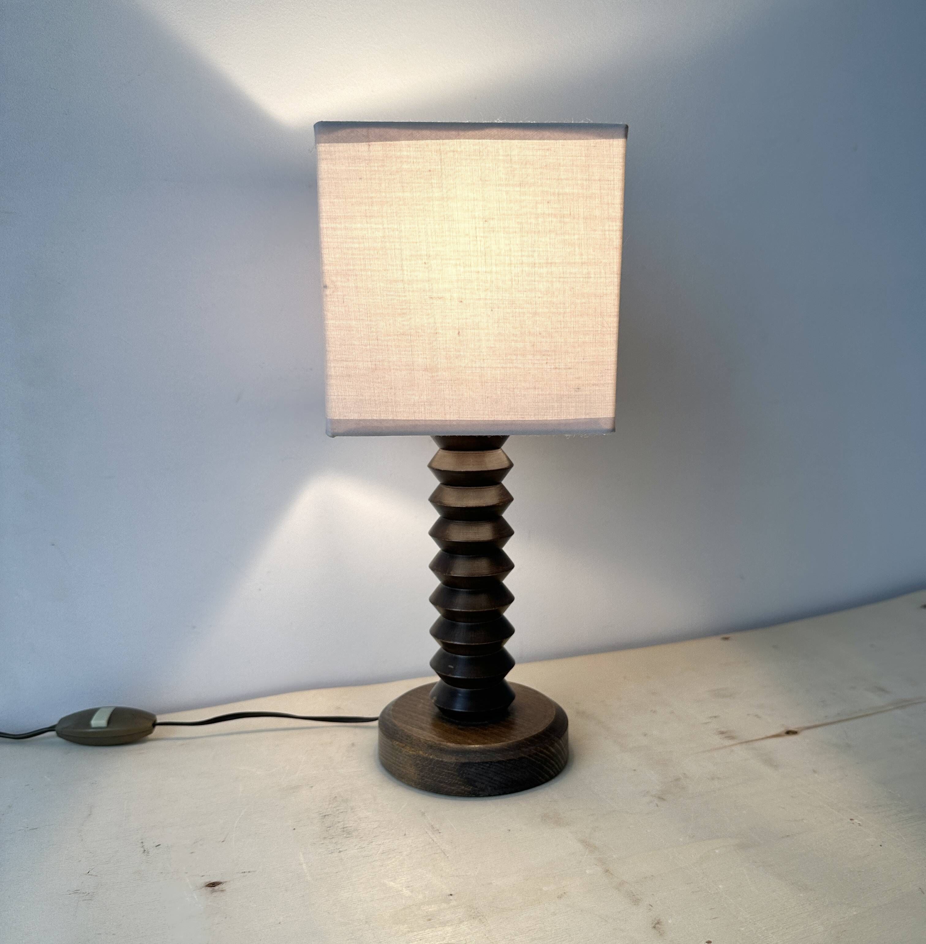 Rustic wooden turned lamp base from the 1950s, vintage rustic lighting.