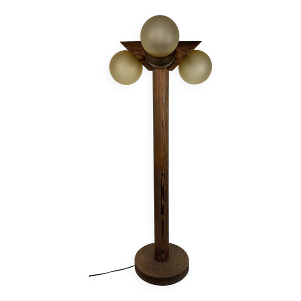 Lampadaire brutaliste en chêne avec 4 sphères, années 1970 par Temde Leuchten — Beyit