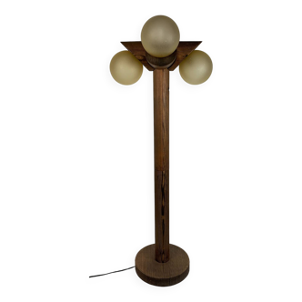 Midcentury brutalist oak floor lamp with 4 spheres, 1970s  by Temde Leuchten