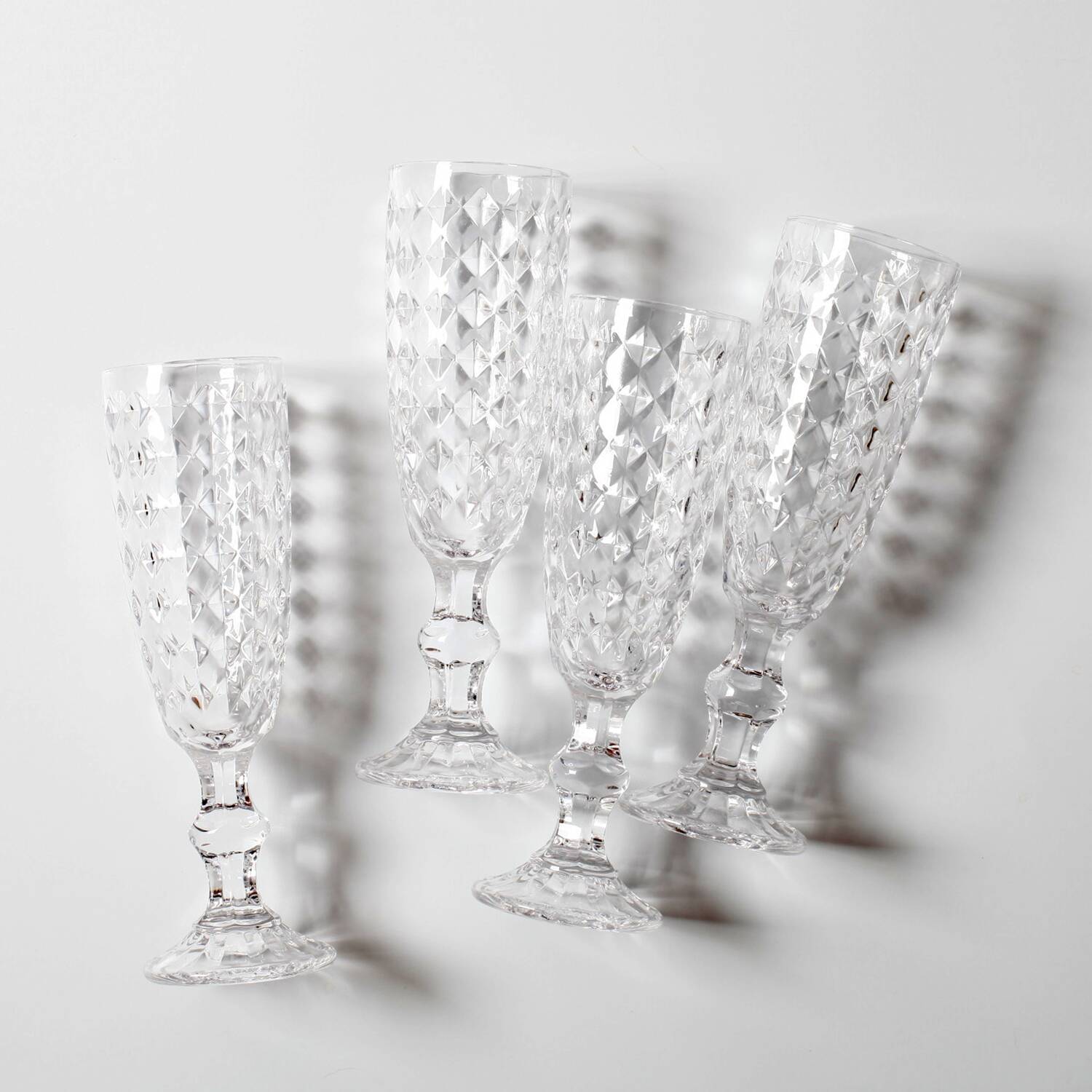 Set of 4 Vintage Pressed Glass Champagne Flutes, Clear Italian Stemware