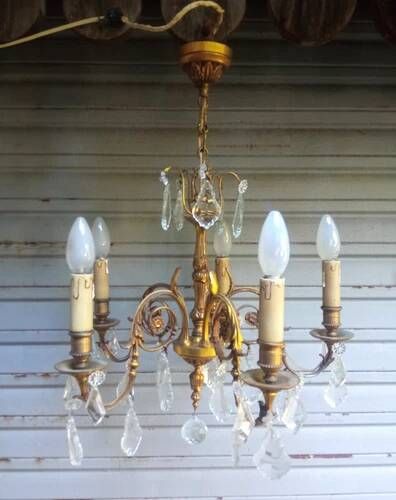 Antique gilded bronze and crystal chandelier with 5 lights / working condition l. gau?