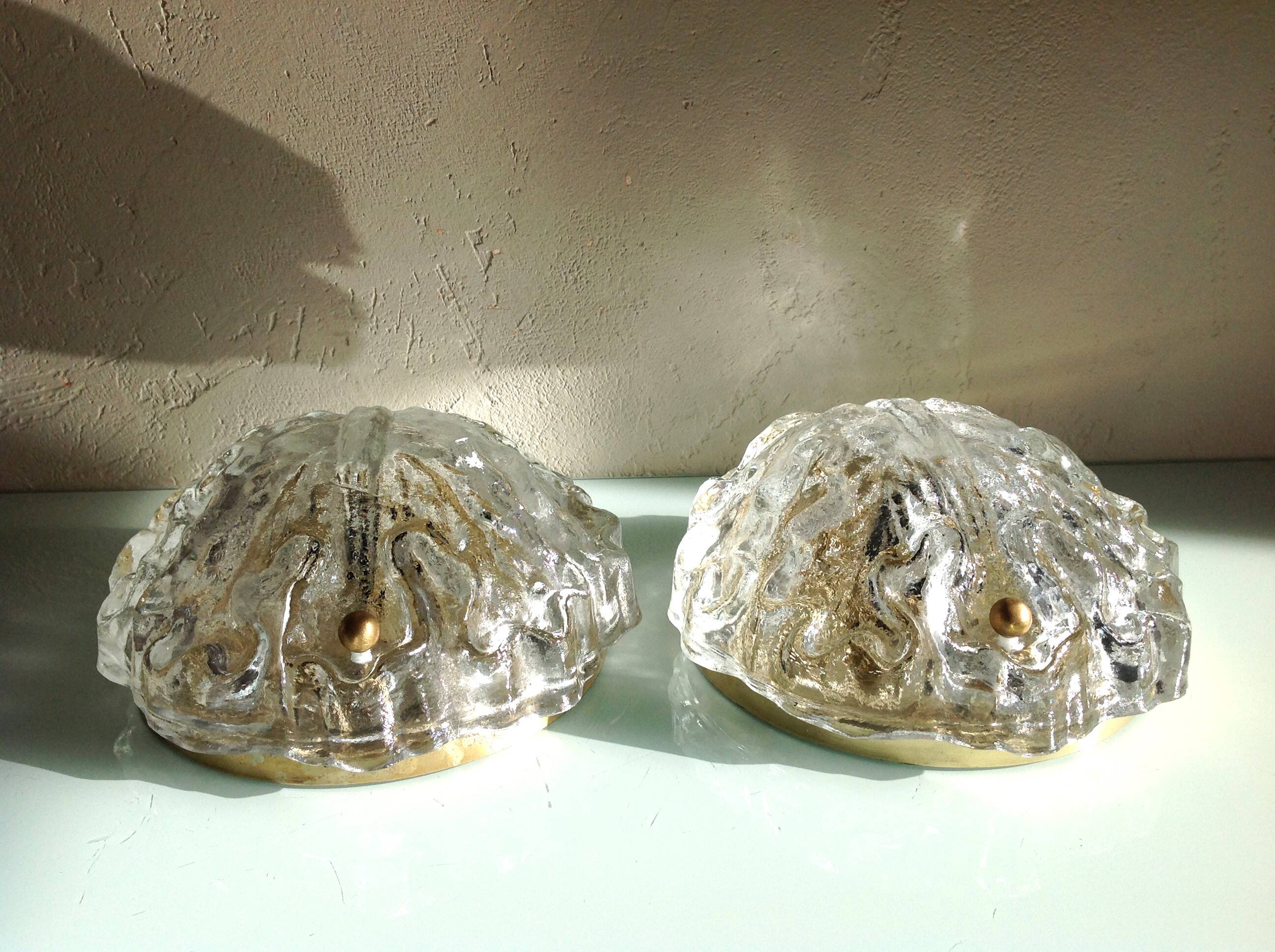 Pair of ice glass and brass wall lights by Limburg / vintage 60s-70s