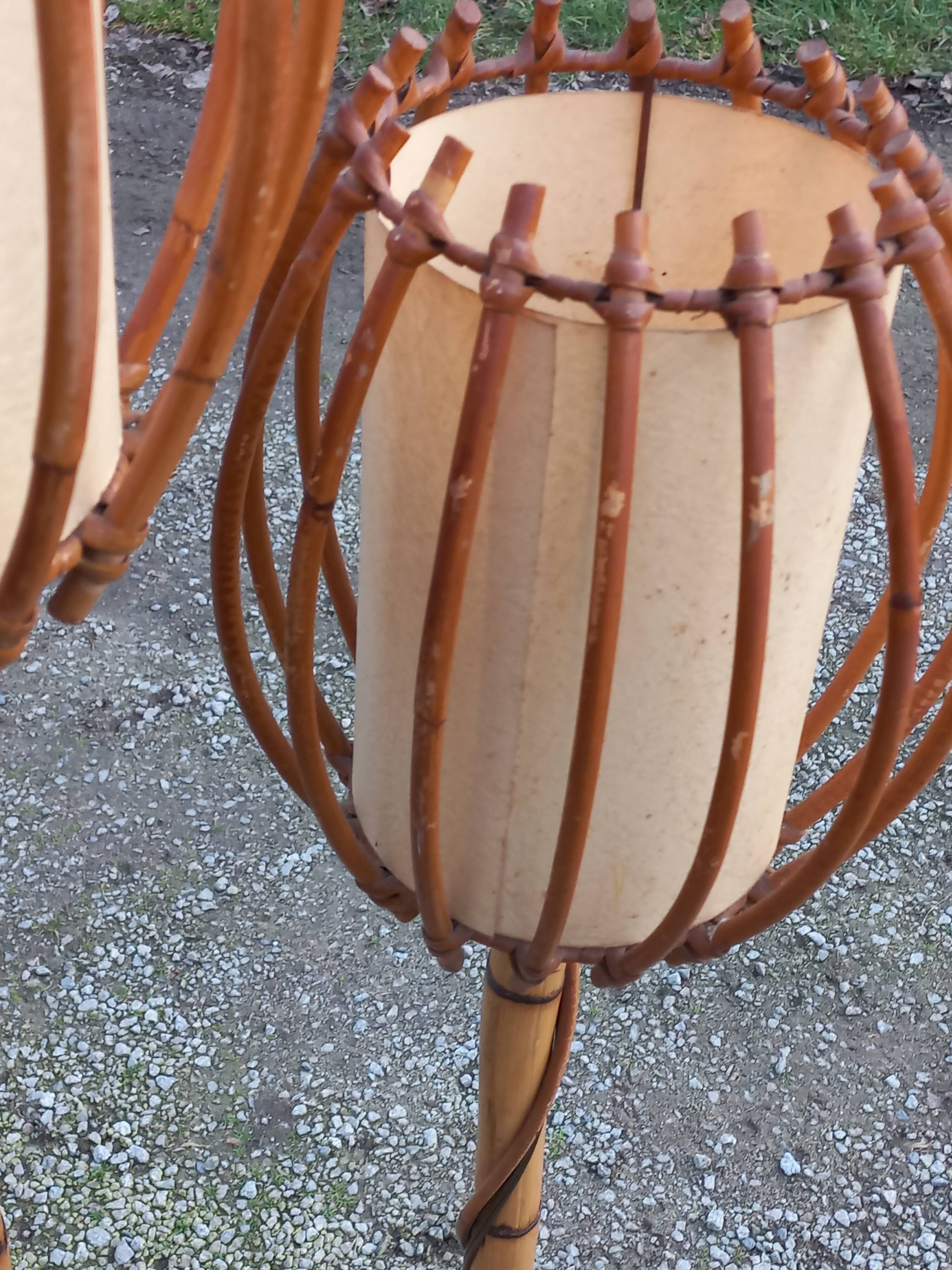 Bamboo and rattan floor lamp 2 lights from the 70s