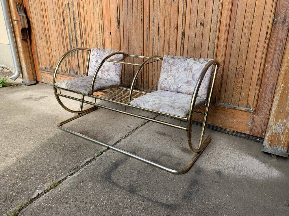 Vintage brass and glass bench, yellow colour, two-seater, tubular design from the 1950s.