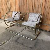 Vintage brass and glass bench, yellow colour, two-seater, tubular design from the 1950s.