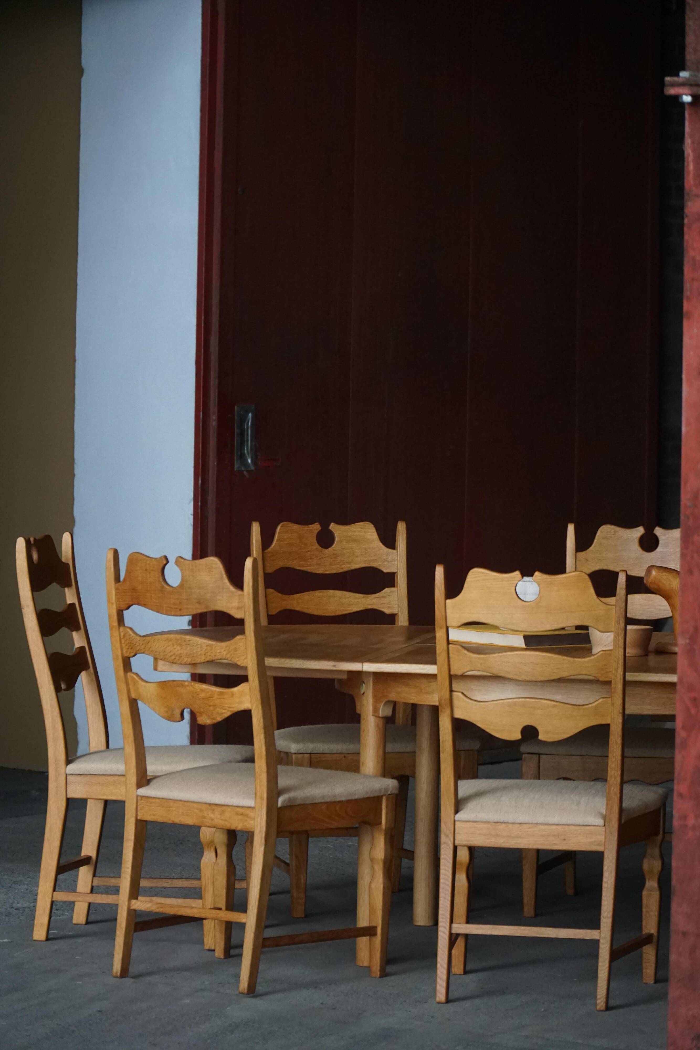 Set of 8 oak chairs with jute fabric, Henning Kjærnulf, mid-century Danish, 1960s.