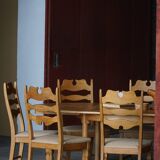 Set of 8 oak chairs with jute fabric, Henning Kjærnulf, mid-century Danish, 1960s.